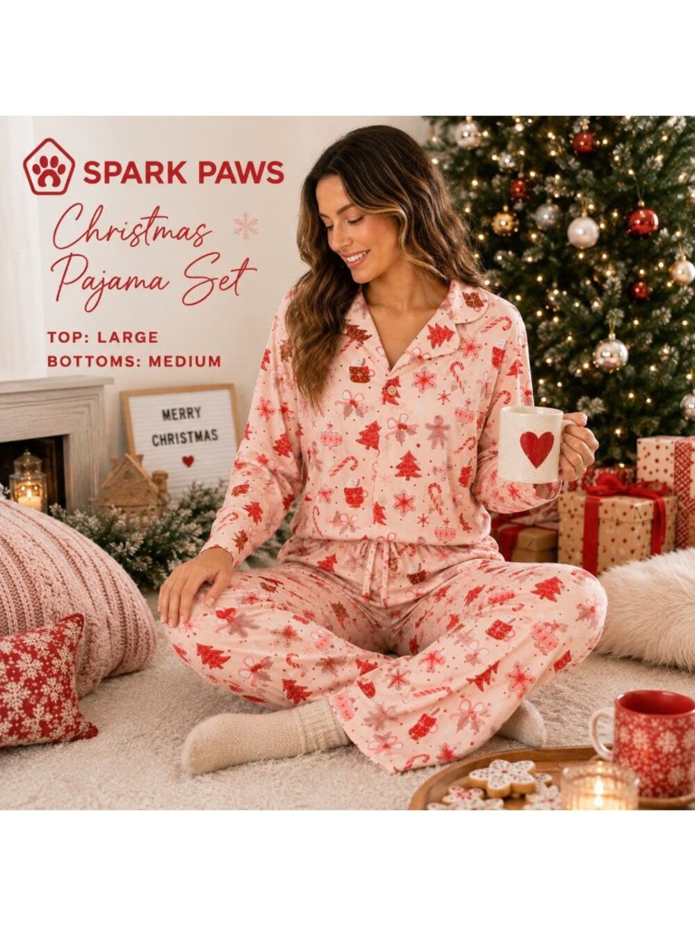 Spark Paws Christmas Pajamas Top L Pants M Pink Holiday Gingerbread PJ Set